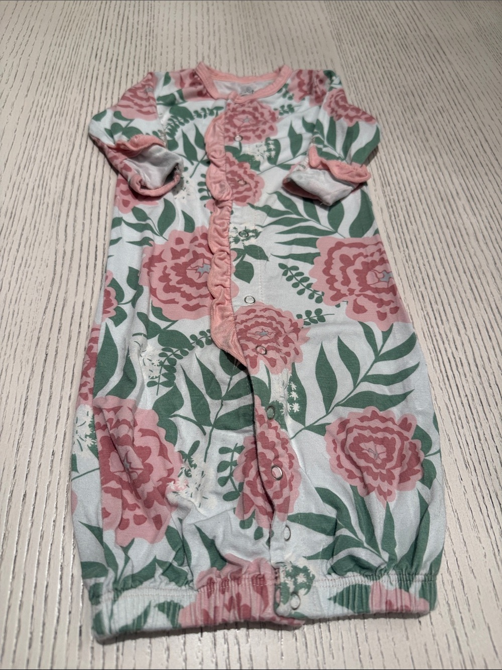 Kickee Pants Pink and Green Floral Sleep Convertible Infant Gown & Matching Hat